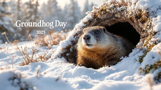 Groundhog comes out of its burrow. Winter, February, snowy forest. Postcard for February 2, Groundhog Day 2025