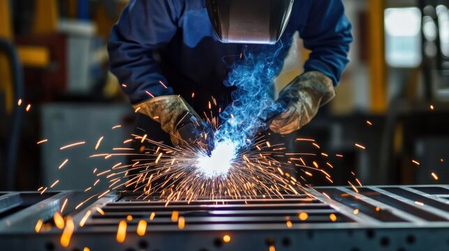 A dynamic view of a metal fabricator welding intricate metalwork in a custom fabrication workshop, Metal fabrication scene, Artisan craftsmanship style