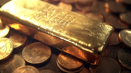Golden Ingot Surrounded by Coins in High Resolution Photorealistic Style