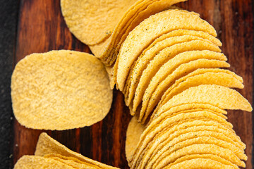 potato chips fast food fresh tasty food dish gourmet food background on the table rustic food top view copy space