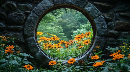 Stone wall with circular window showcasing vibrant orange flowers and lush green garden.