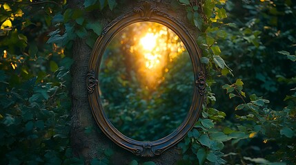 Obraz premium Antique oval mirror reflecting sunset in a lush green forest, nestled within a tree trunk and foliage.