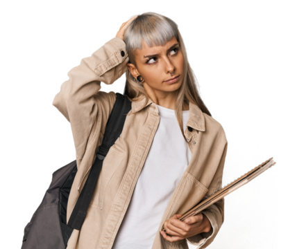 Caucasian young student with books being shocked, she has remembered important meeting.