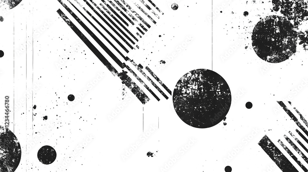 Poster Striking monochrome abstract composition featuring a dynamic arrangement of geometric shapes lines and ink splashes against a clean minimalist background  This digital artwork showcases a bold