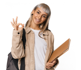 Caucasian young student with books cheerful and confident showing ok gesture.