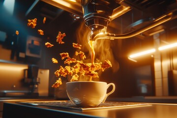 Coffee Pouring with Floating Pastry Pieces in a Modern Cafe Setting