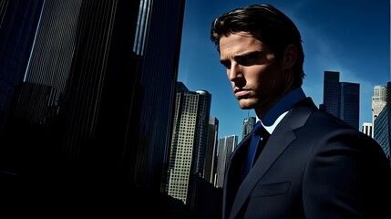 Fototapeta premium Stylish Man in Tailored Suit Walking Through Modern Cityscape