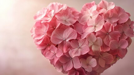 Obraz premium A serene heart-shaped composition of pink flowers, highlighted on a smooth gradient background with soft illumination.
