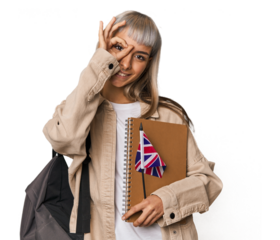 Young erasmus student with books excited keeping ok gesture on eye.