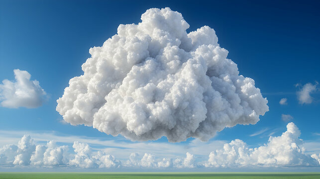 Cumulus cloud over green field, blue sky.  Weather illustration