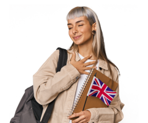 Young erasmus student with books laughs out loudly keeping hand on chest.