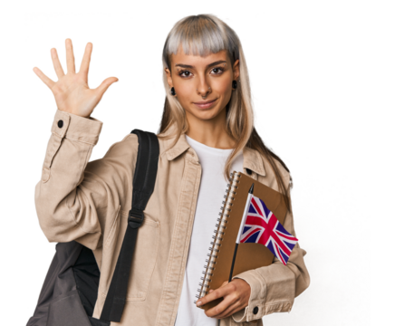 Young erasmus student with books smiling cheerful showing number five with fingers.