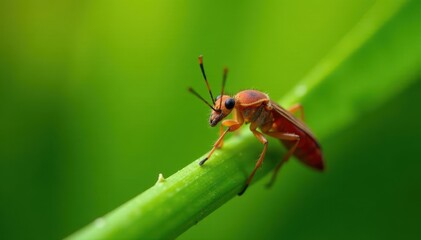 Insect crawling up plant stem with chorthippus parallelus brown, parallelus, plant