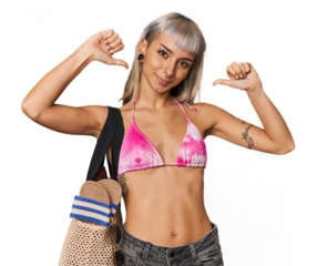 Young caucasian woman in a bikini feels proud and self confident, example to follow.