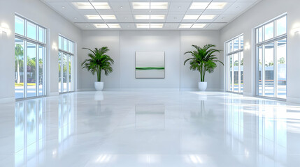 Fototapeta premium Bright Lobby with Plants and Artwork