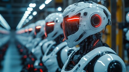Fototapeta premium Rows of futuristic robots standing in formation, symbolizing AI or automation. Perfect for technology and sci-fi themes.
