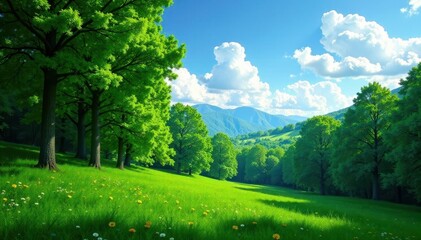 Obraz premium Lush green forest with towering trees and fluffy white clouds in the background, green, scenery