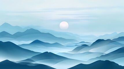 Serenity of a misty mountain sunrise with soft colors and tranquil atmosphere