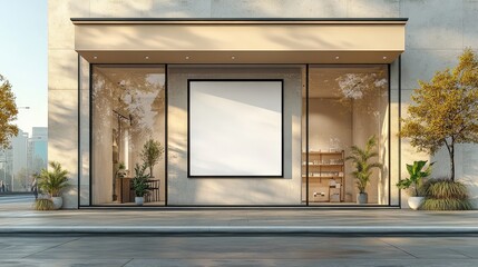 High-quality digital rendering of a blank white poster displayed prominently on a modern storefront with contemporary design elements and greenery
