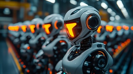 Fototapeta premium Rows of futuristic robots standing in formation, symbolizing AI or automation. Perfect for technology and sci-fi themes.