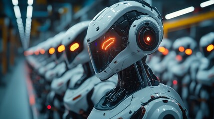 Fototapeta premium Rows of futuristic robots standing in formation, symbolizing AI or automation. Perfect for technology and sci-fi themes.