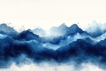 Blue mountains receding in distance, white background, possible background use