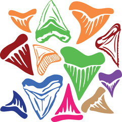 Isolated Fossil Shark Teeth with different colors, Paleontologist fossil hunting vector silhouette color print © Azaleia-photography