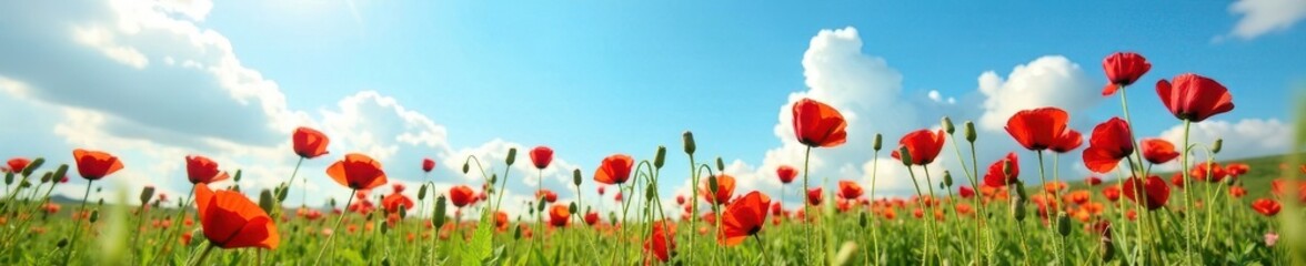 Naklejka premium Red poppy flowers in a lush meadow against a blue sky, botany, flowers