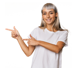 Young caucasian young woman in studio excited pointing with forefingers away.