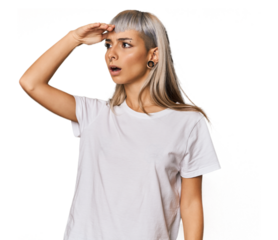 Young caucasian young woman in studio looking far away keeping hand on forehead.