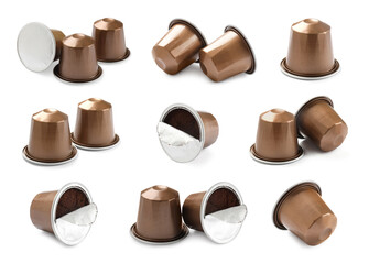 Many coffee capsules isolated on white, set