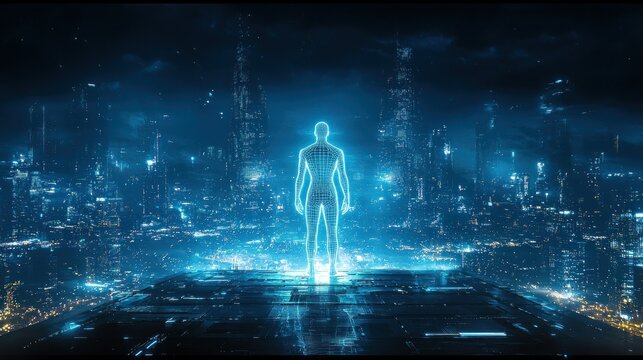 Hologram person on rooftop overlooking futuristic city at night