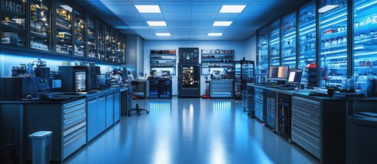 Modern, well-equipped scientific laboratory with advanced technology and equipment.