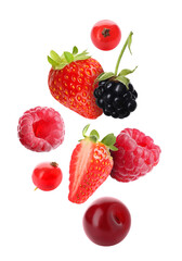 Cherry, raspberries, blackberry, strawberries and redcurrant berries in air on white background