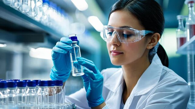video Pharmaceutical production line in modern factory, laboratory worker filling vials with yellow liquid Scientist Testing Medical Vials on Conveyor Belt in Pharmaceutical video