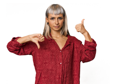 Young caucasian young woman in studio showing thumbs up and thumbs down, difficult choose concept