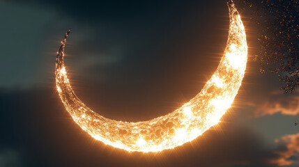 "glowing crescent moon silhouette against dark sky featuring abstract space art with golden luminous arc and sparkling celestial body in digital painting and fantasy background"