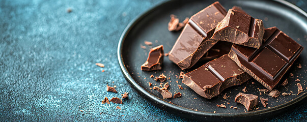 foods high in magnesium concept. Dark Chocolate Pieces on Black Plate and Blue Surface