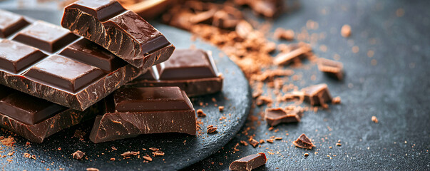 foods high in magnesium concept. Rich Dark Chocolate Bar with Cocoa Crumbs Decor
