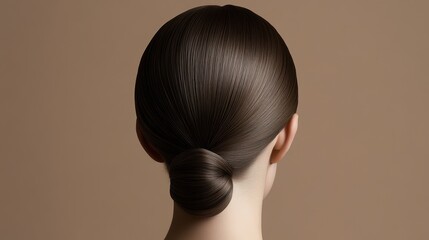 A smooth, elegant bun hairstyle showcased from the back, highlighting its simplicity and sophistication against a soft, neutral background.