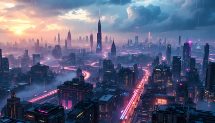 Fototapeta premium Stunning Futuristic Cityscape at Sunset with Rain
