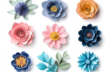 Colorful paper flowers arrangement, craft, white background, DIY project, design element