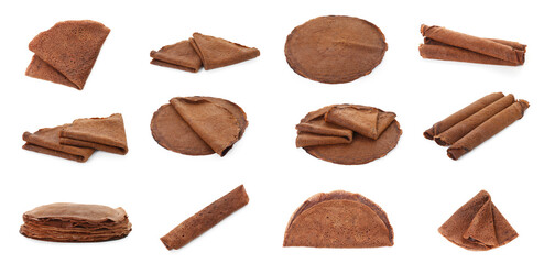 Set of delicious chocolate crepes on white background