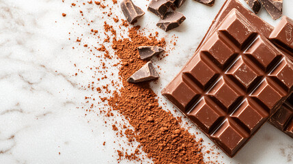 foods high in magnesium concept. Smooth Dark Chocolate with Cocoa Powder on Marble Surface