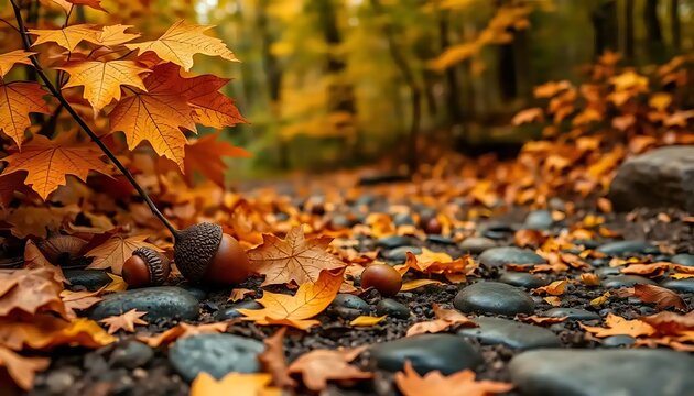 Autumnal Path Acorns And Maple Leaves Scattered