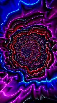 Isometric view, Recursive fractal patterns forming endless tunnel, deep saturated rainbow gradient, psychedelic and mind-bending atmosphere.
