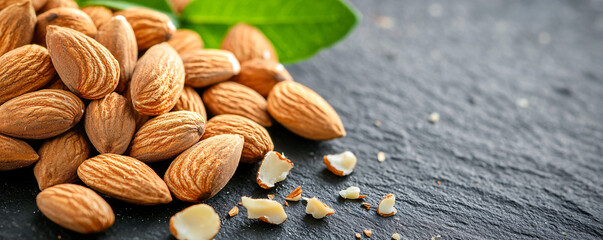 foods high in magnesium concept. Raw Almonds on Dark Background with Green Leaves