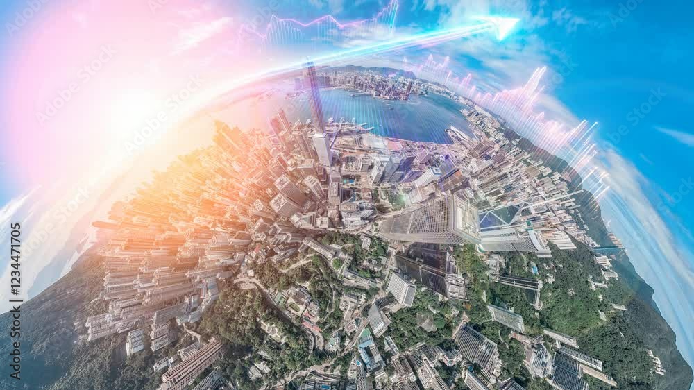 Poster a 4k still video showcasing hong kong's central district from a unique aerial perspective, blending 