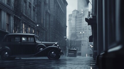 A classic black car parked on a wet city street during a foggy night with building background
