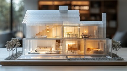 Illuminated model home showcasing interior design and backyard